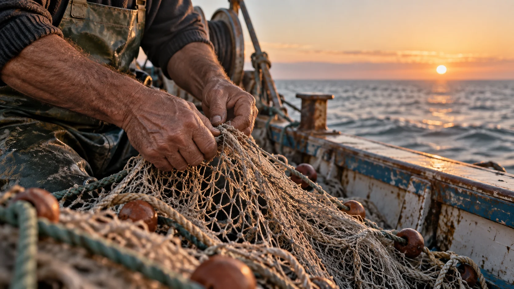 Mani al lavoro su una rete da pesca, immagine narrativa